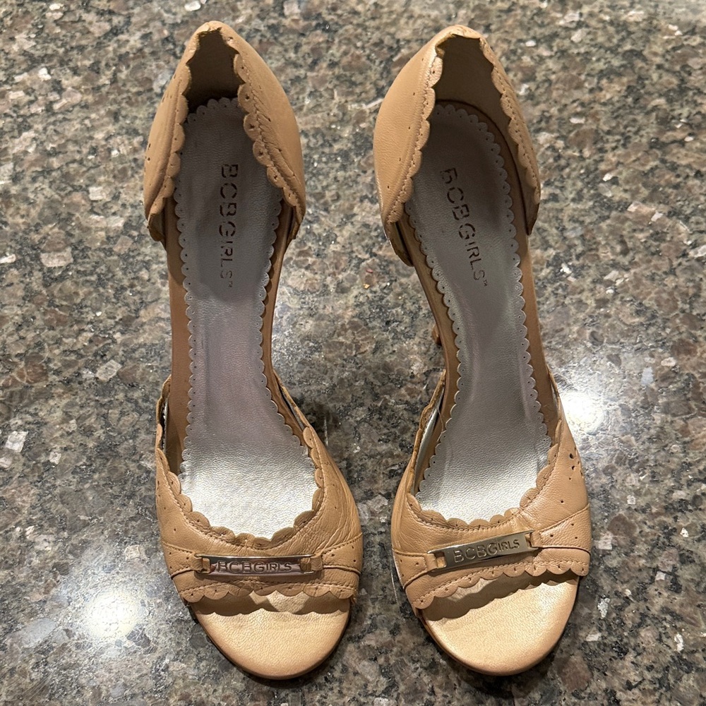 BCBGirls Beige Scalloped Peep-Toe Heels